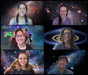 Photo of the Sharon research group of Summer 2020 from a Zoom screen capture with their favourite astronomy images as backgrounds.